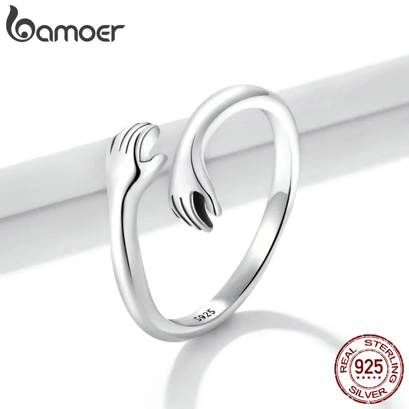 925 Sterling Silver Hug Hand Adjustable Ring 3 Colors