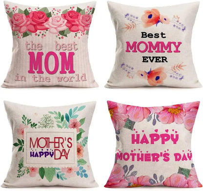 Happy Mother's Day Pillowcase Spring Colorful Flowers Leaves Sweet Heart Decoration Cushion Cover Linen Square