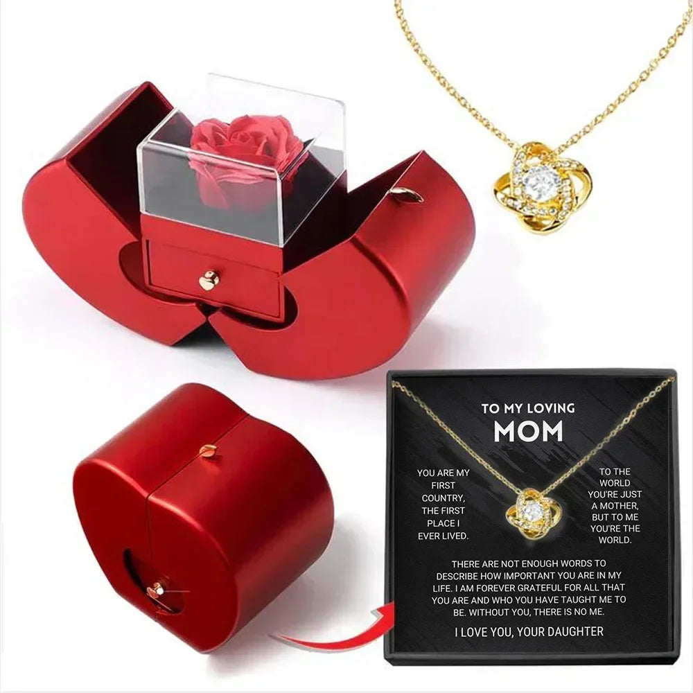 Valentine's Day Gift for Women Eternal Rose Gift Box Heart Necklace I Love You To Back Flower Jewelry Box for Mother's Day Gifts