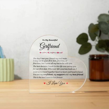 To My Girlfriend | The Love I Want to Last Forever | Printed Heart Shaped Acrylic Plaque