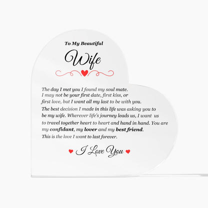 To My Beautiful Wife | This is the Love I Want to Last Forever | Printed Heart Shaped Acrylic Plaque