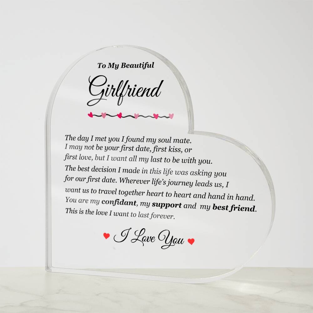 To My Girlfriend | The Love I Want to Last Forever | Printed Heart Shaped Acrylic Plaque