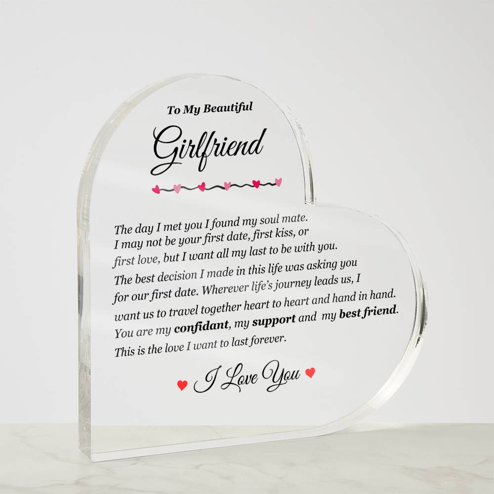 To My Girlfriend | The Love I Want to Last Forever | Printed Heart Shaped Acrylic Plaque