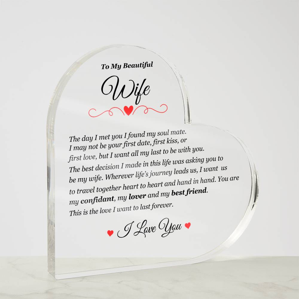 To My Beautiful Wife | This is the Love I Want to Last Forever | Printed Heart Shaped Acrylic Plaque