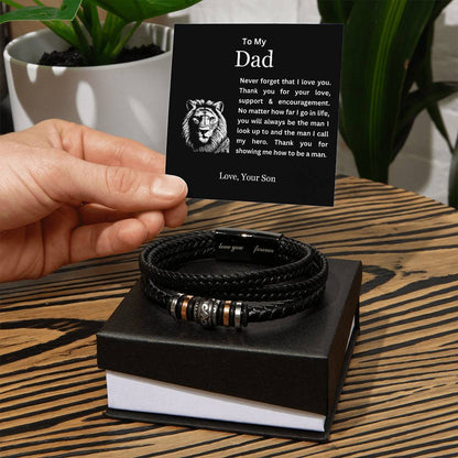 To My Dad | Thank You for Showing Me How to Be a Man | Men's Leather Love You Forever Bracelet with Lion's Head Message Card