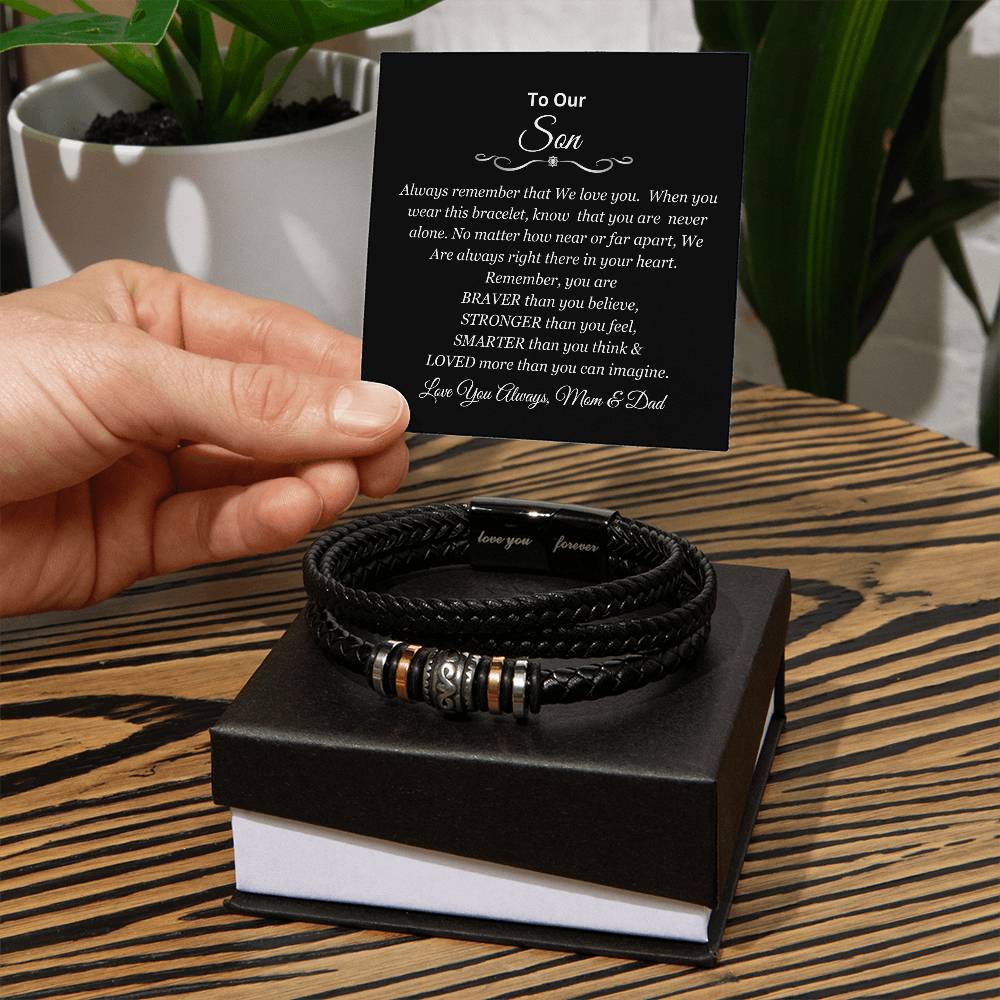 To Our Son | You are Brave, Strong, Smart, and Loved | Men's Leather Love You Forever Bracelet