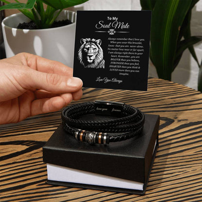 To My Soulmate | You are Brave, Strong, Smart, and Loved | Men's Leather Forever Loved Bracelet with Lion Head Message Card | Gift for Boyfriend | Gift for Him | Gift for Valentine's Day