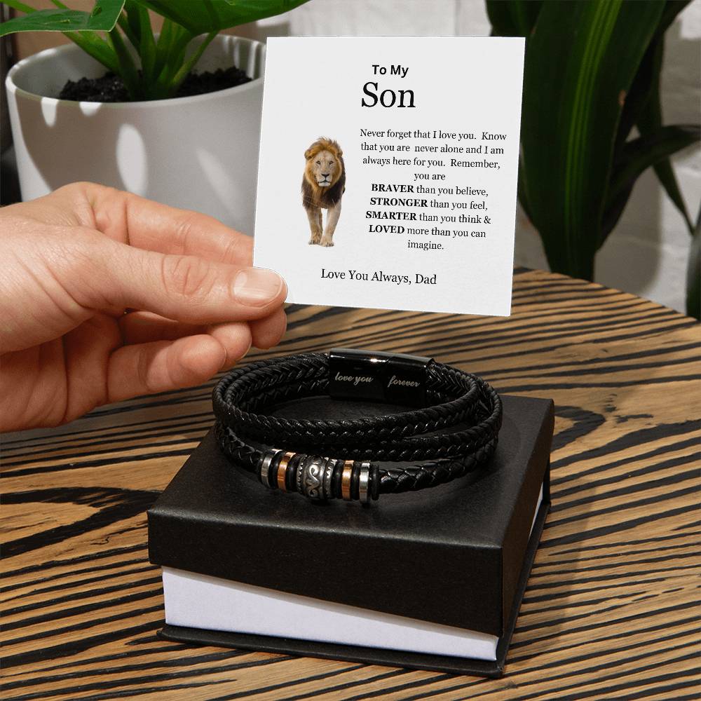 To My Son | You are Brave, Strong, Smart, and Loved | Men's Leather Love You Forever Bracelet with Lion's Head Message Card from Dad