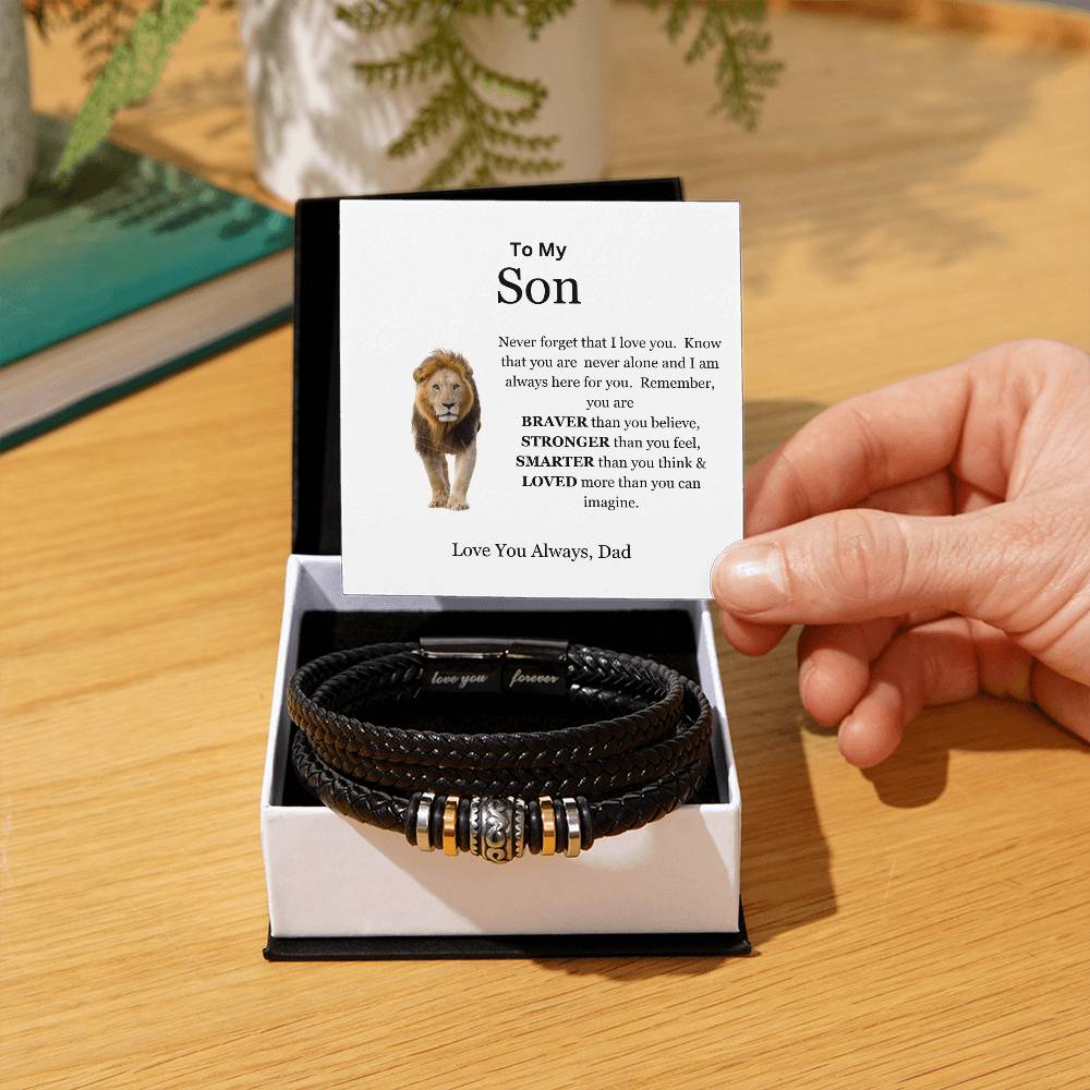 To My Son | You are Brave, Strong, Smart, and Loved | Men's Leather Love You Forever Bracelet with Lion's Head Message Card from Dad