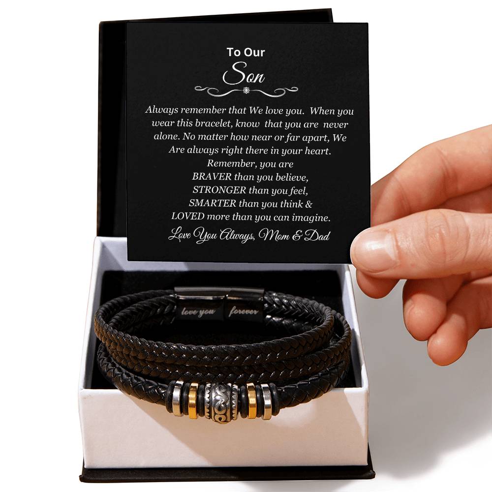 To Our Son | You are Brave, Strong, Smart, and Loved | Men's Leather Love You Forever Bracelet