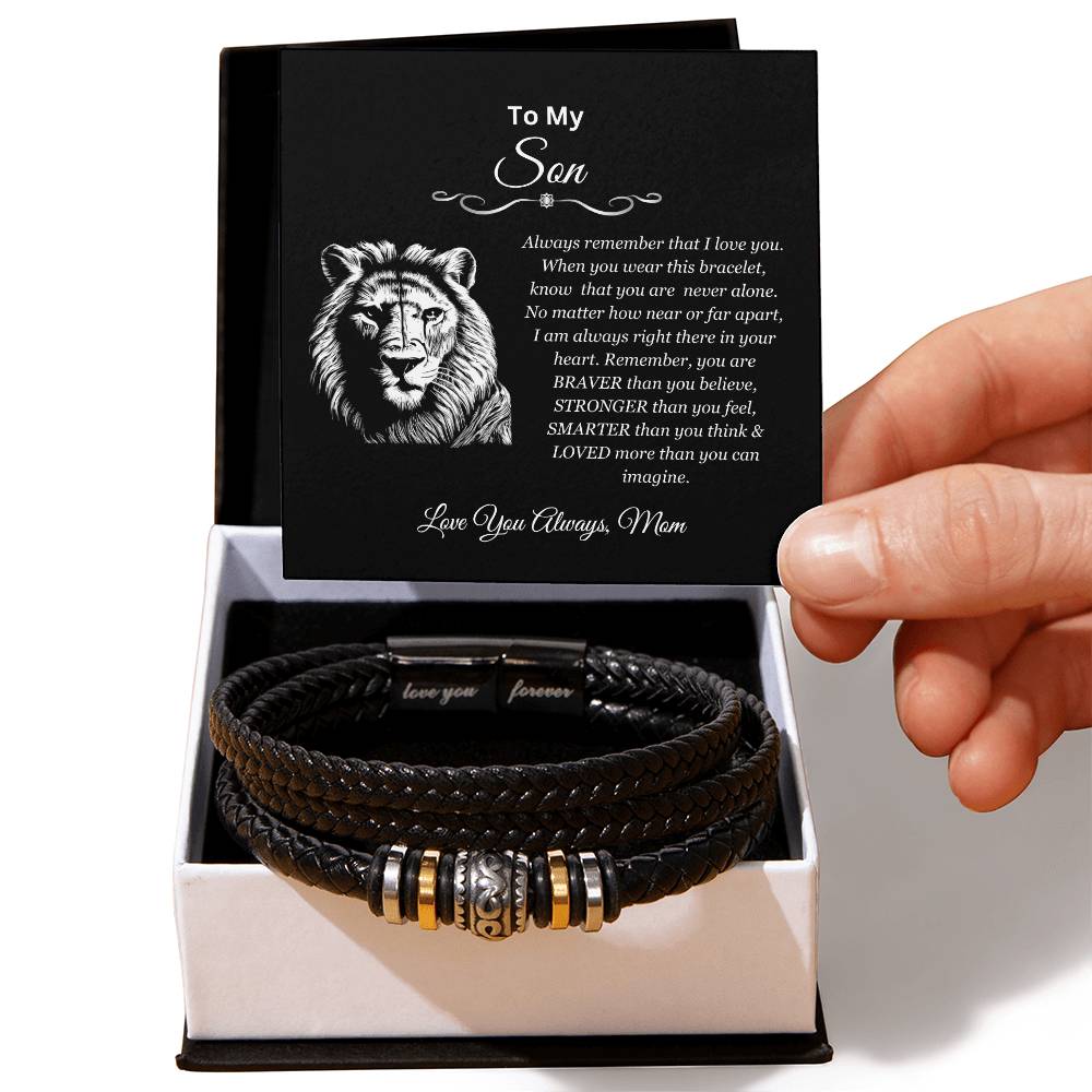 To My Son | You are Brave, Strong, Smart, and Loved | Men's Leather Love You Forever Bracelet with Lion's Head Message Card