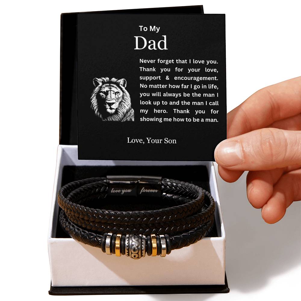 To My Dad | Thank You for Showing Me How to Be a Man | Men's Leather Love You Forever Bracelet with Lion's Head Message Card