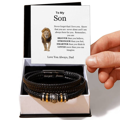 To My Son | You are Brave, Strong, Smart, and Loved | Men's Leather Love You Forever Bracelet with Lion's Head Message Card from Dad