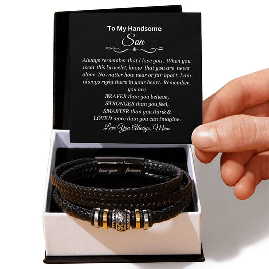 To My Handsome Son | You are Brave, Strong, Smart and Loved | Men's Leather Bracelet