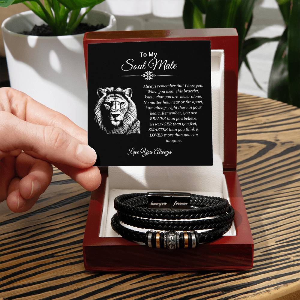 To My Soulmate | You are Brave, Strong, Smart, and Loved | Men's Leather Forever Loved Bracelet with Lion Head Message Card | Gift for Boyfriend | Gift for Him | Gift for Valentine's Day