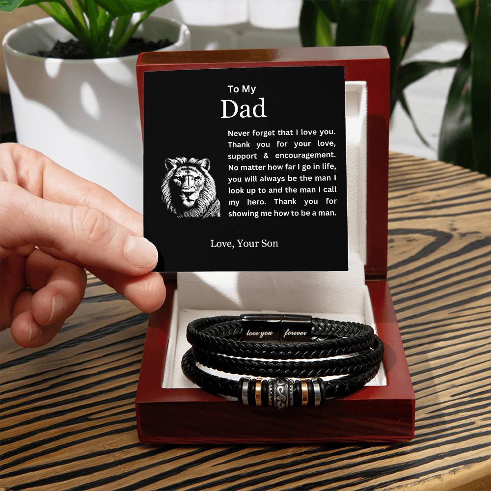 To My Dad | Thank You for Showing Me How to Be a Man | Men's Leather Love You Forever Bracelet with Lion's Head Message Card