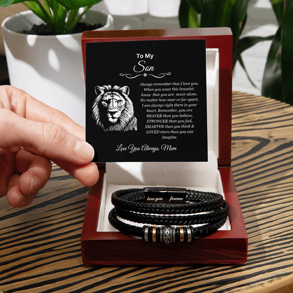 To My Son | You are Brave, Strong, Smart, and Loved | Men's Leather Love You Forever Bracelet with Lion's Head Message Card