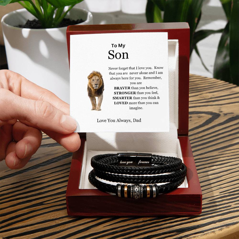 To My Son | You are Brave, Strong, Smart, and Loved | Men's Leather Love You Forever Bracelet with Lion's Head Message Card from Dad