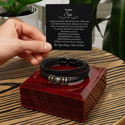 To Our Son | You are Brave, Strong, Smart, and Loved | Men's Leather Love You Forever Bracelet