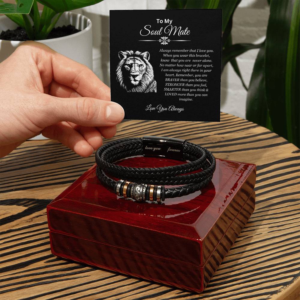 To My Soulmate | You are Brave, Strong, Smart, and Loved | Men's Leather Forever Loved Bracelet with Lion Head Message Card | Gift for Boyfriend | Gift for Him | Gift for Valentine's Day