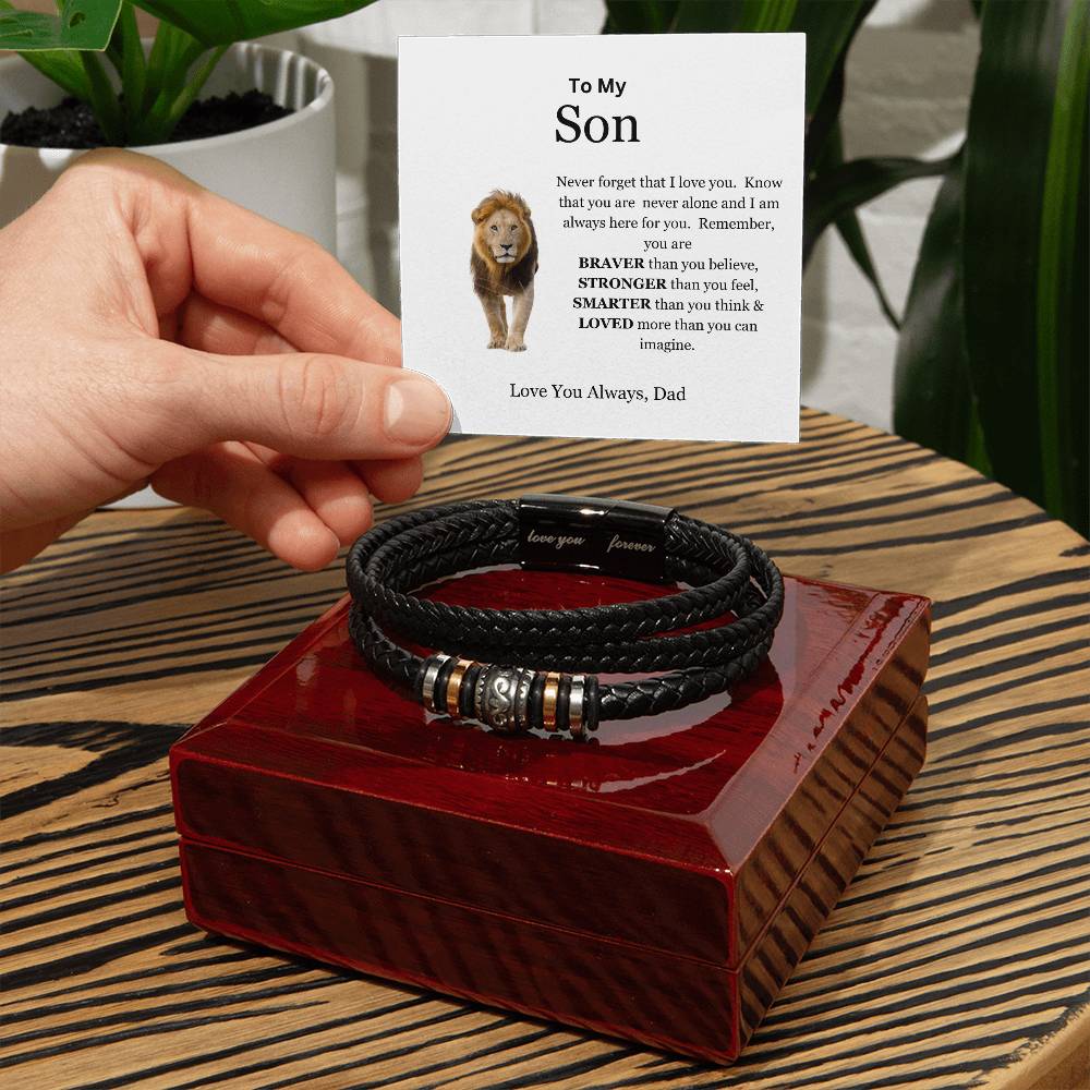 To My Son | You are Brave, Strong, Smart, and Loved | Men's Leather Love You Forever Bracelet with Lion's Head Message Card from Dad