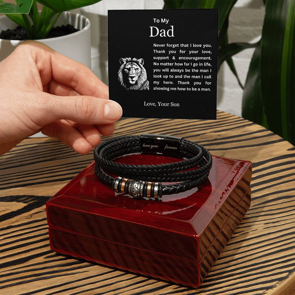 To My Dad | Thank You for Showing Me How to Be a Man | Men's Leather Love You Forever Bracelet with Lion's Head Message Card