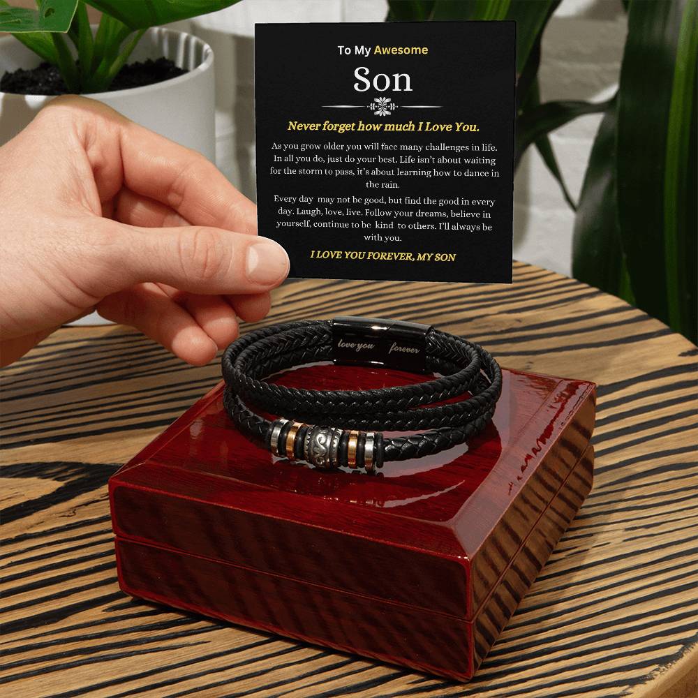 To My Son | You Will Face Challenges, Believe in Yourself, Follow Your Dreams | Men's Leather Love You Forever Bracelet