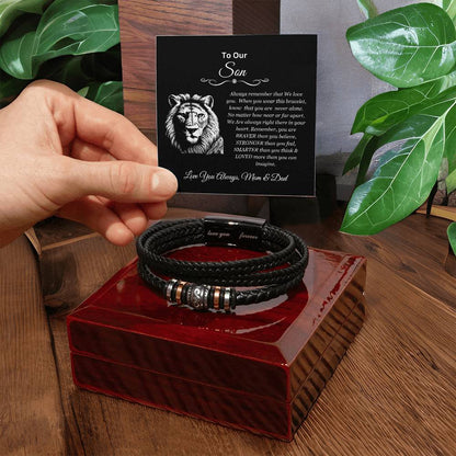 To Our Son | You are Brave, Strong, Smart, and Loved | Men's Leather Loved Forever Bracelet with Lions Head Message Card