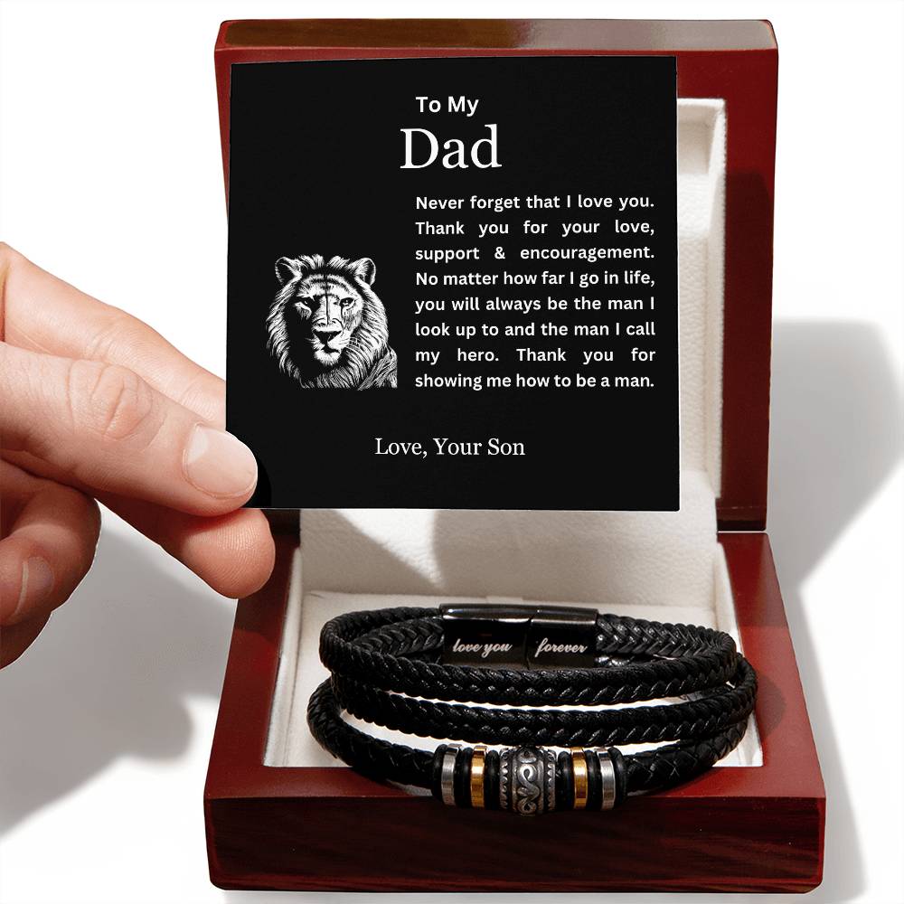 To My Dad | Thank You for Showing Me How to Be a Man | Men's Leather Love You Forever Bracelet with Lion's Head Message Card