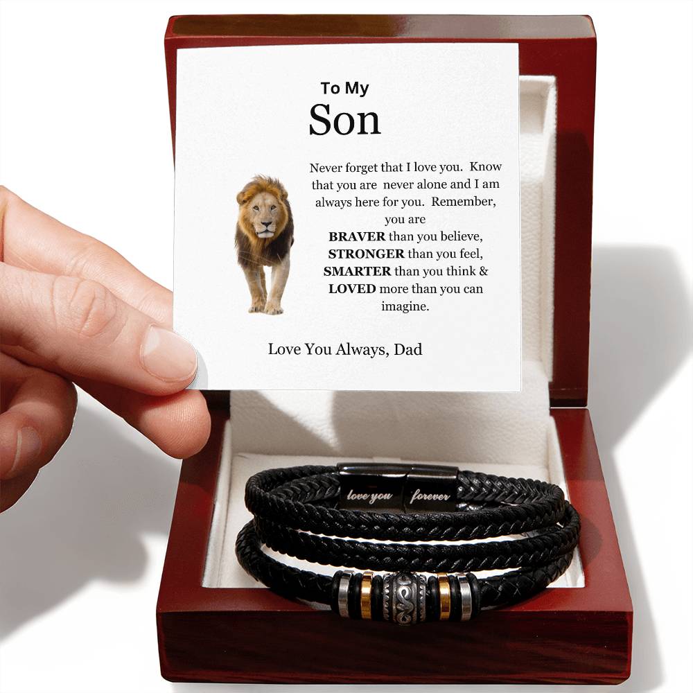 To My Son | You are Brave, Strong, Smart, and Loved | Men's Leather Love You Forever Bracelet with Lion's Head Message Card from Dad