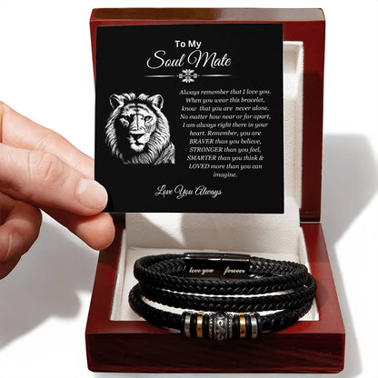 To My Soulmate | You are Brave, Strong, Smart, and Loved | Men's Leather Forever Loved Bracelet with Lion Head Message Card | Gift for Boyfriend | Gift for Him | Gift for Valentine's Day