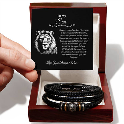 To My Son | You are Brave, Strong, Smart, and Loved | Men's Leather Love You Forever Bracelet with Lion's Head Message Card