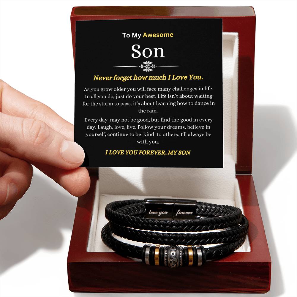 To My Son | You Will Face Challenges, Believe in Yourself, Follow Your Dreams | Men's Leather Love You Forever Bracelet