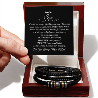 To Our Son | You are Brave, Strong, Smart, and Loved | Men's Leather Love You Forever Bracelet