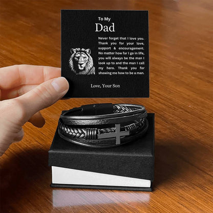 To My Dad | Thank You for Showing Me How to Be a Man | Men's Leather Cross Bracelet with Lion's Head Message Card