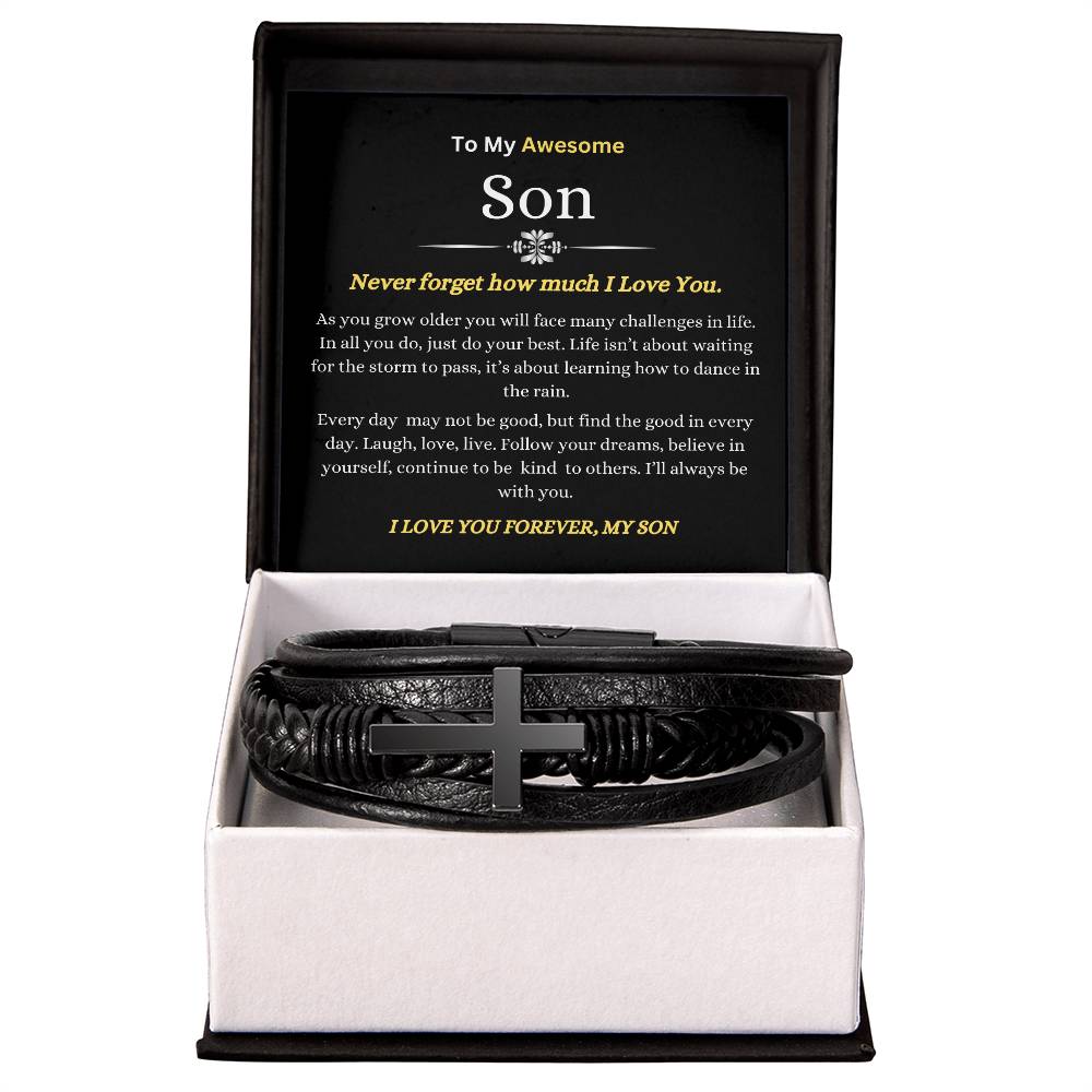 To My Son | You will Face Challenges in Life, Do Your Best, Follow Your Dreams | Men's Leather Cross Bracelet