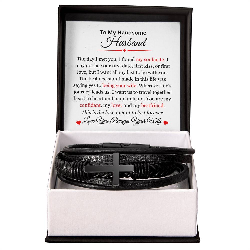 To My Husband | My Soulmate | Men's Leather Cross Bracelet | Gift for Him | Gift for Husband | Valentine's Day Gift | Christmas Gift