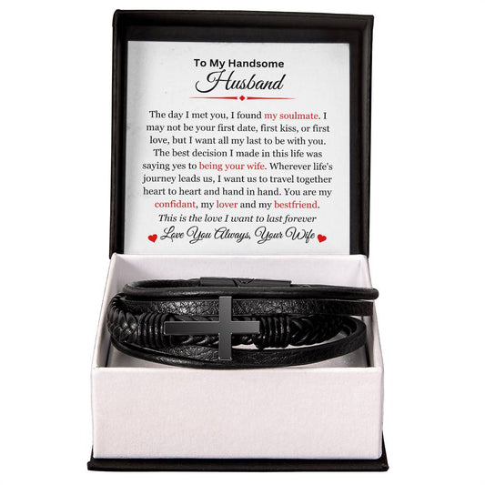 To My Husband | My Soulmate | Men's Leather Cross Bracelet | Gift for Him | Gift for Husband | Valentine's Day Gift | Christmas Gift