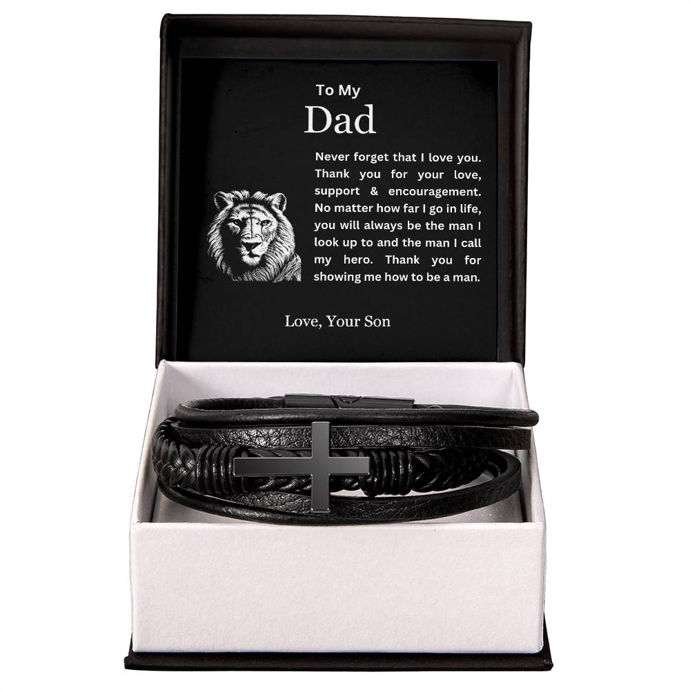 To My Dad | Thank You for Showing Me How to Be a Man | Men's Leather Cross Bracelet with Lion's Head Message Card