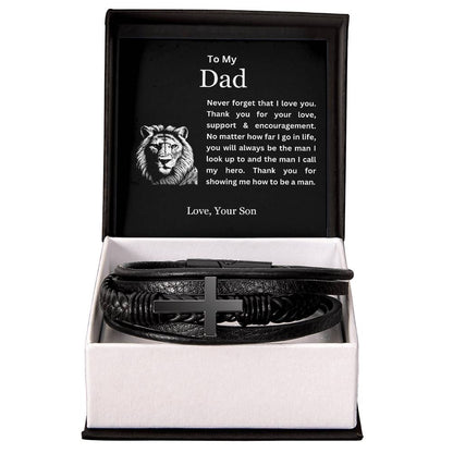 To My Dad | Thank You for Showing Me How to Be a Man | Men's Leather Cross Bracelet with Lion's Head Message Card