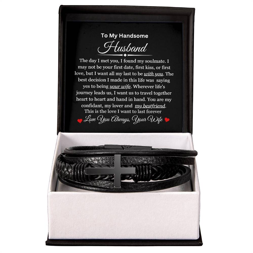 To My Husband | My Soulmate | Men's Leather Cross Bracelet | Gift for Him | Gift for Husband | Valentine's Day Gift | Christmas Gift