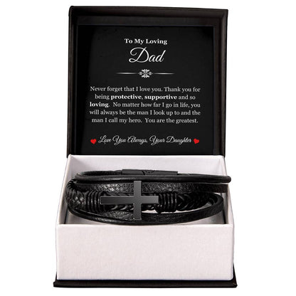 To My Dad | Thank You for Protecting, Supporting, & Loving Me | Men's Leather Cross Bracelet with Message Card