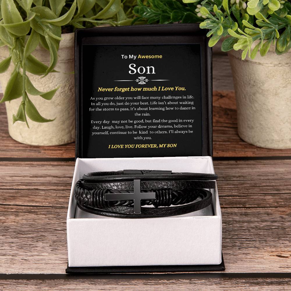 To My Son | You will Face Challenges in Life, Do Your Best, Follow Your Dreams | Men's Leather Cross Bracelet