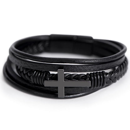 To My Dad | Thank You for Protecting, Supporting, & Loving Me | Men's Leather Cross Bracelet with Message Card