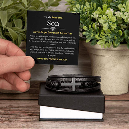 To My Son | You will Face Challenges in Life, Do Your Best, Follow Your Dreams | Men's Leather Cross Bracelet