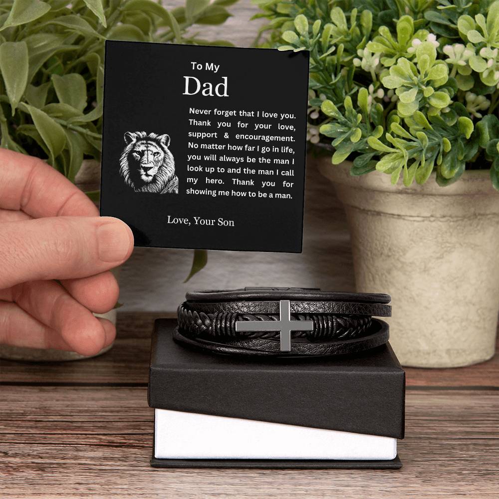 To My Dad | Thank You for Showing Me How to Be a Man | Men's Leather Cross Bracelet with Lion's Head Message Card