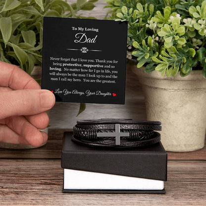 To My Dad | Thank You for Protecting, Supporting, & Loving Me | Men's Leather Cross Bracelet with Message Card