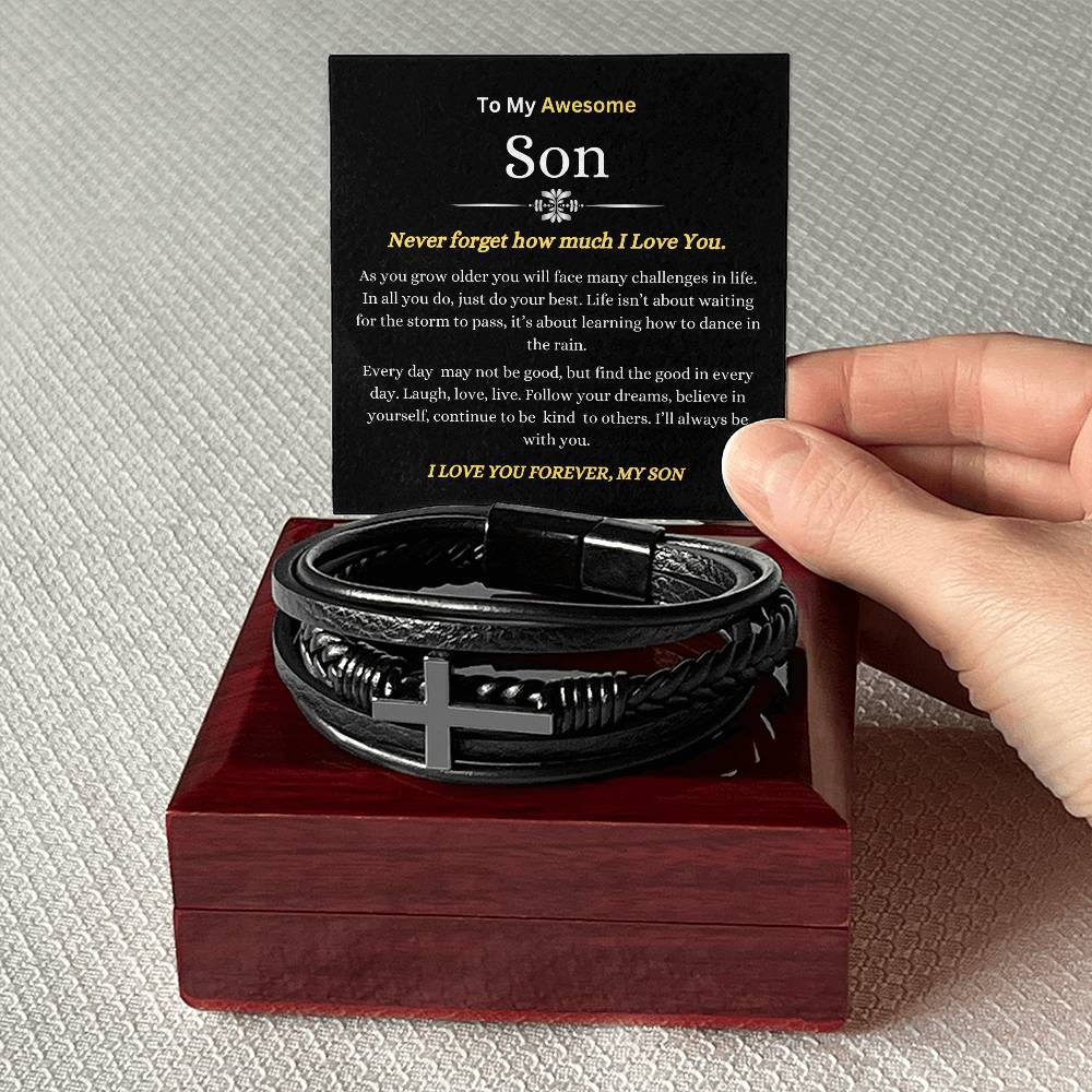 To My Son | You will Face Challenges in Life, Do Your Best, Follow Your Dreams | Men's Leather Cross Bracelet