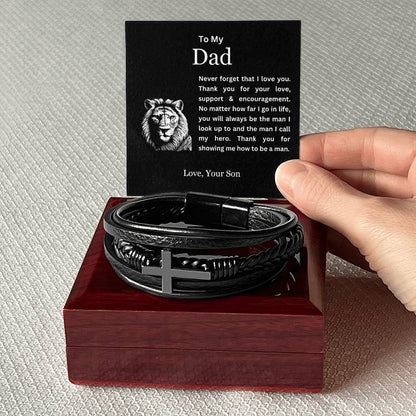 To My Son | Thank You Dad for Showing Me How to Be a Man | Men's Leather Love You Forever Bracelet with Lion's Head Message Card | Father's Day, Birthday, Christmas Gifts