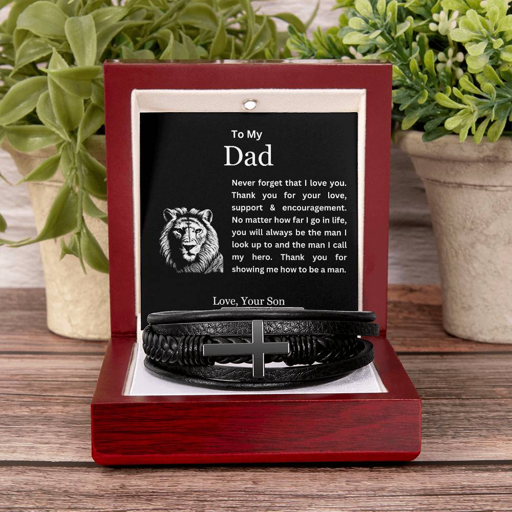 To My Son | Thank You Dad for Showing Me How to Be a Man | Men's Leather Love You Forever Bracelet with Lion's Head Message Card | Father's Day, Birthday, Christmas Gifts